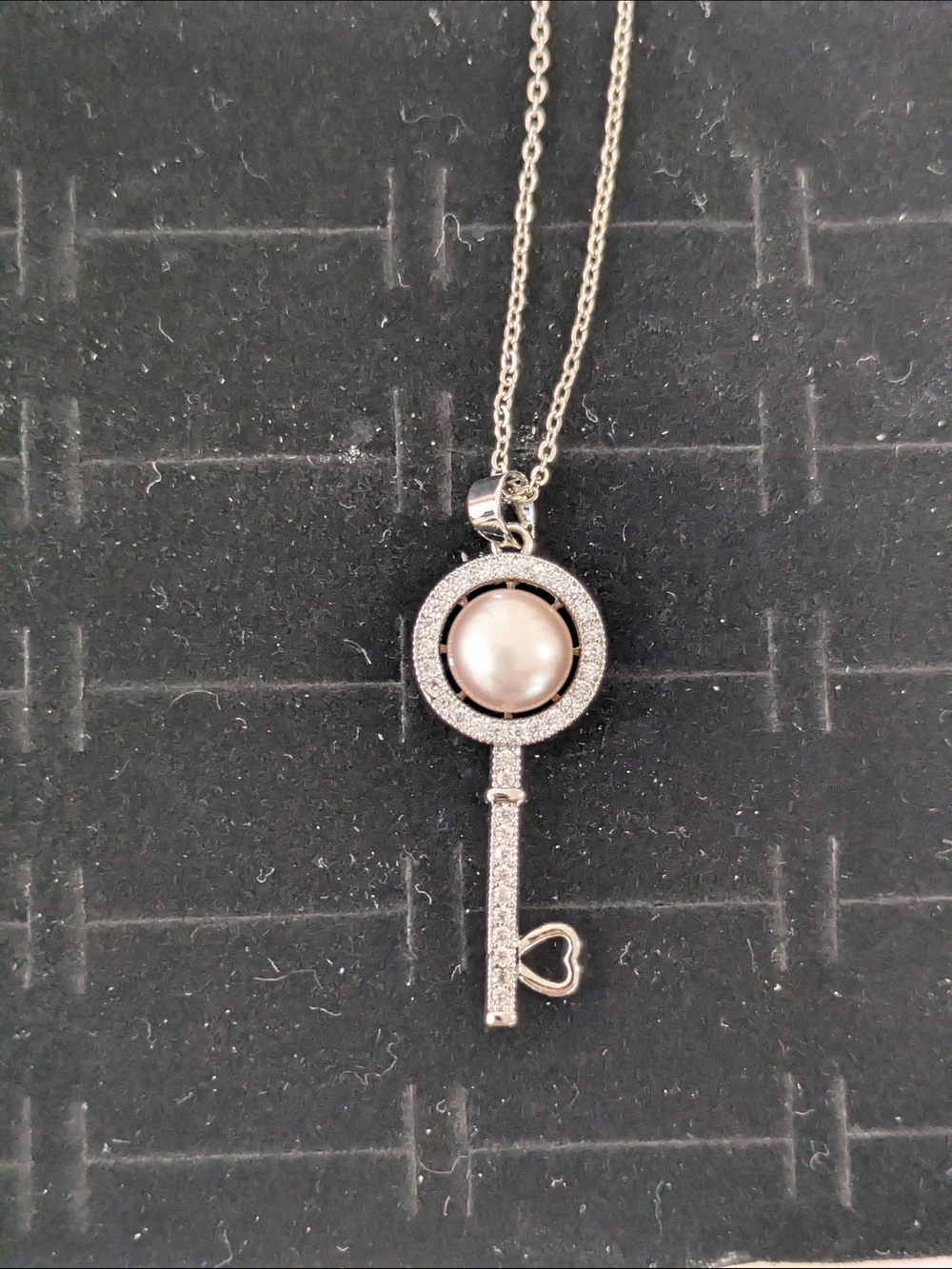 Silver Pink Freshwater Pearl Key Pendant Necklace with Chain
